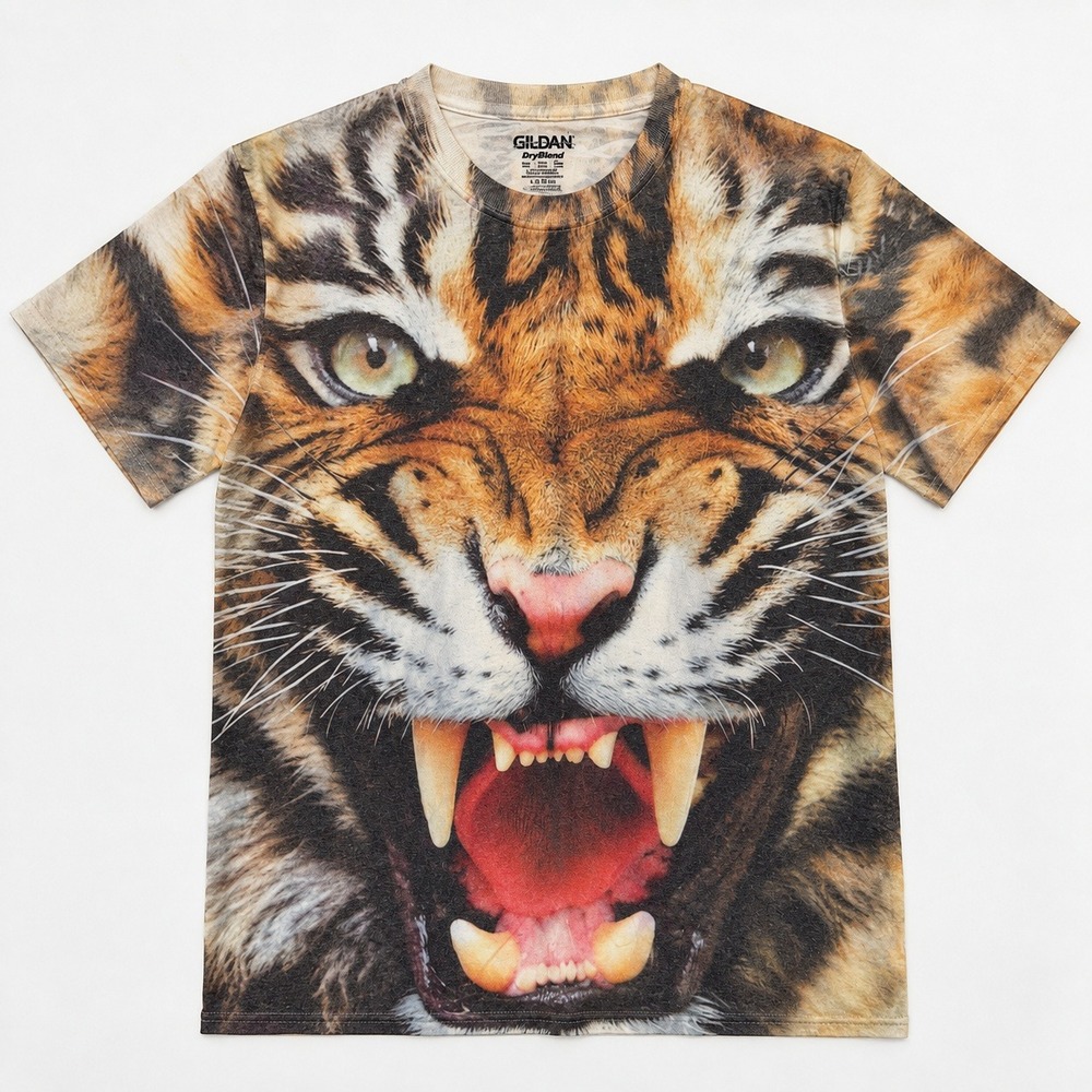 Tiger Face Graphic T-Shirt All Over Print White Mens Medium M Streetwear Cat